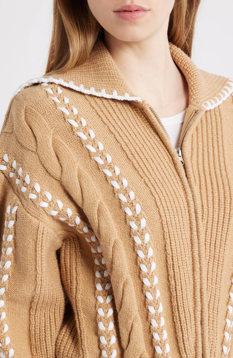 Rails Lune Whipstitch Detail Cotton Blend Bomber Sweater, Alternate, color, Camel Ivory Blanket