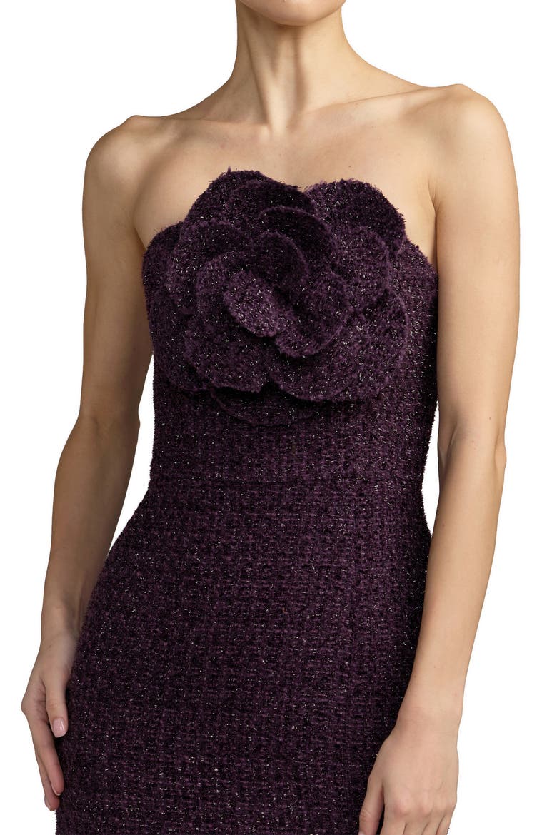 Strapless Boucle Midi Dress With 3D Flower, Alternate, color, Aubergine