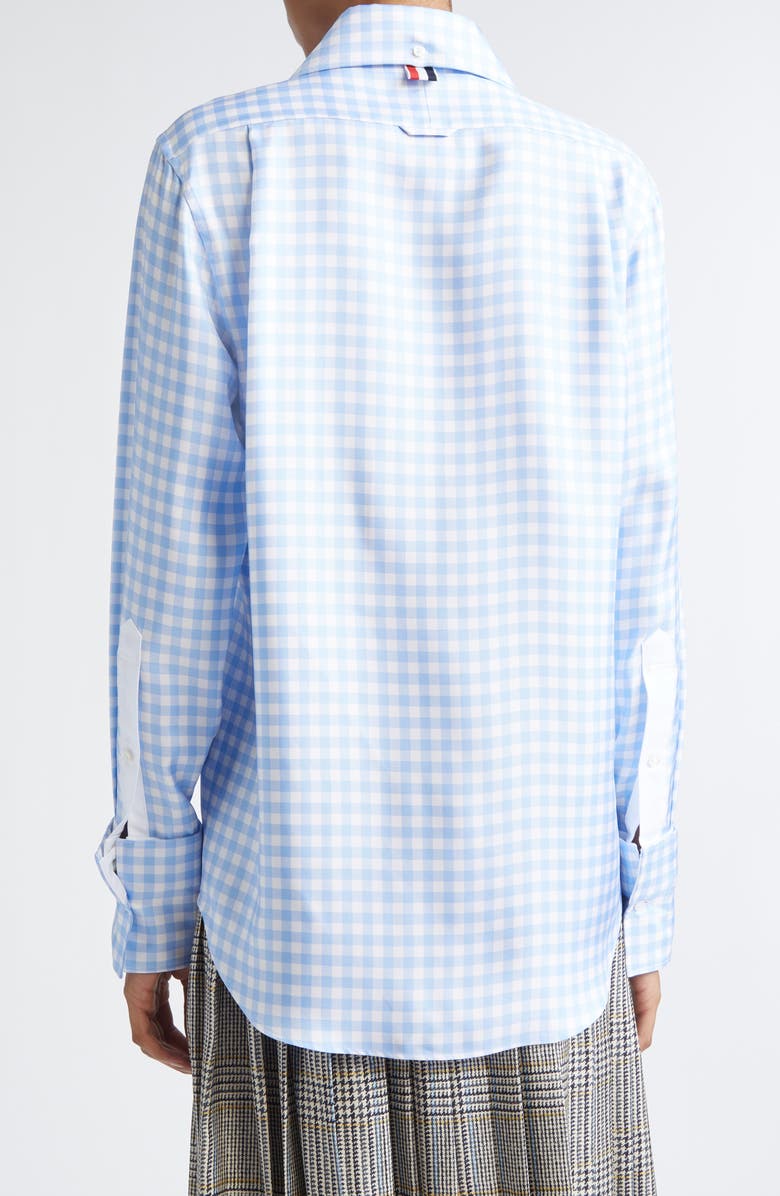 Thom Browne Gingham Silk Twill Button-Up Shirt, Alternate, color, Light Blue
