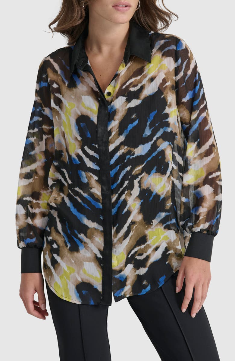 DKNY Printed Semisheer Chiffon Button-Up Top, Main, color, 