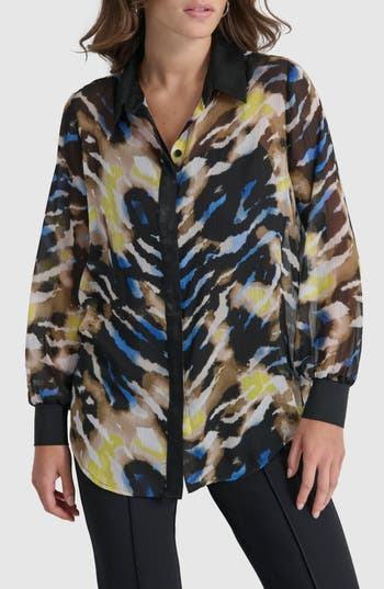 Dkny Printed Semisheer Chiffon Button-up Top