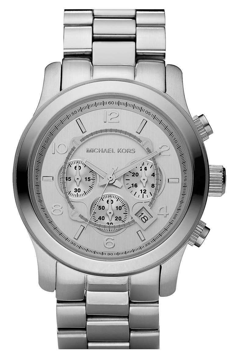 Michael Kors 'Silvertone Oversize Iconic' Chronograph Watch, 45mm, Main, color, WHITE / SILVER