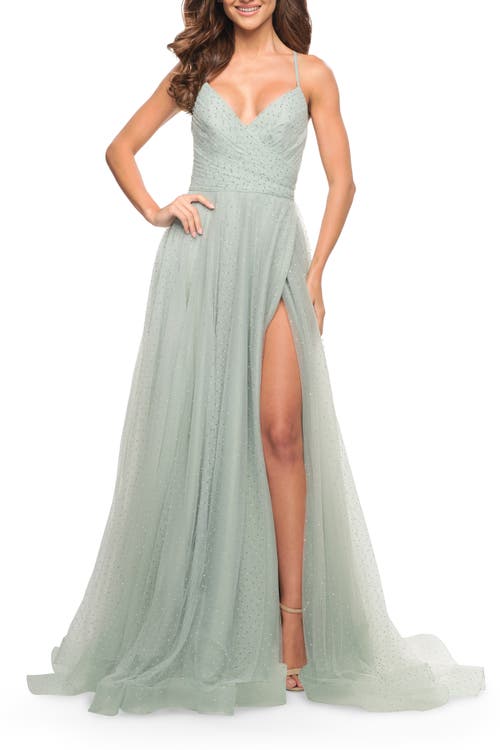 La Femme Rhinestone Tulle Ballgown With Slit And Lace Up Back In Sage