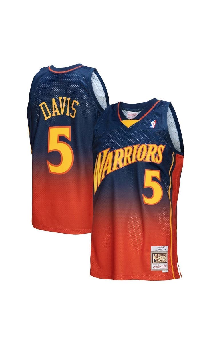 Mitchell & Ness Men's Mitchell & Ness Baron Davis Navy/Orange Golden State Warriors 2006/07 Hardwood Classics Fadeaway Swingman Player Jersey, Main, color, 