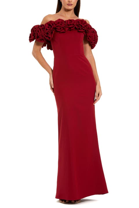 Crepe Off The Shoulder Column Gown With 3D Roses