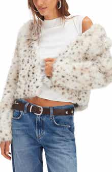 Free People Louder Pleas Hooded Snow Leopard Spot Faux Fur Jacket