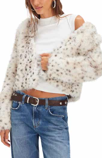 Free People Louder Pleas Hooded Snow Leopard Spot Faux Fur Jacket