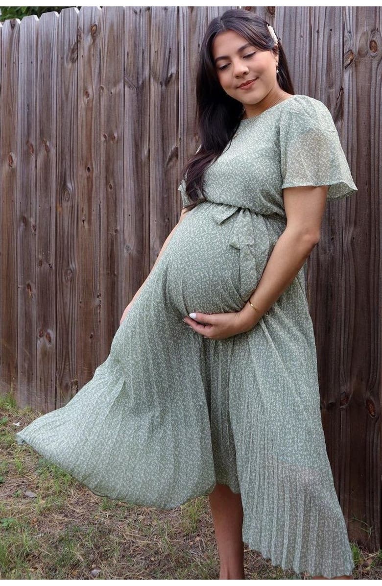 PinkBlush Leaf Print Pleated Midi Dress, Alternate, color, Light Olive