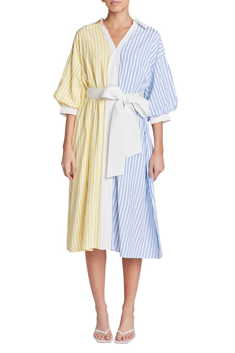Blouson Sleeve Tie Waist Midi Shirtdress, Main, color, BLUE/ YELLOW