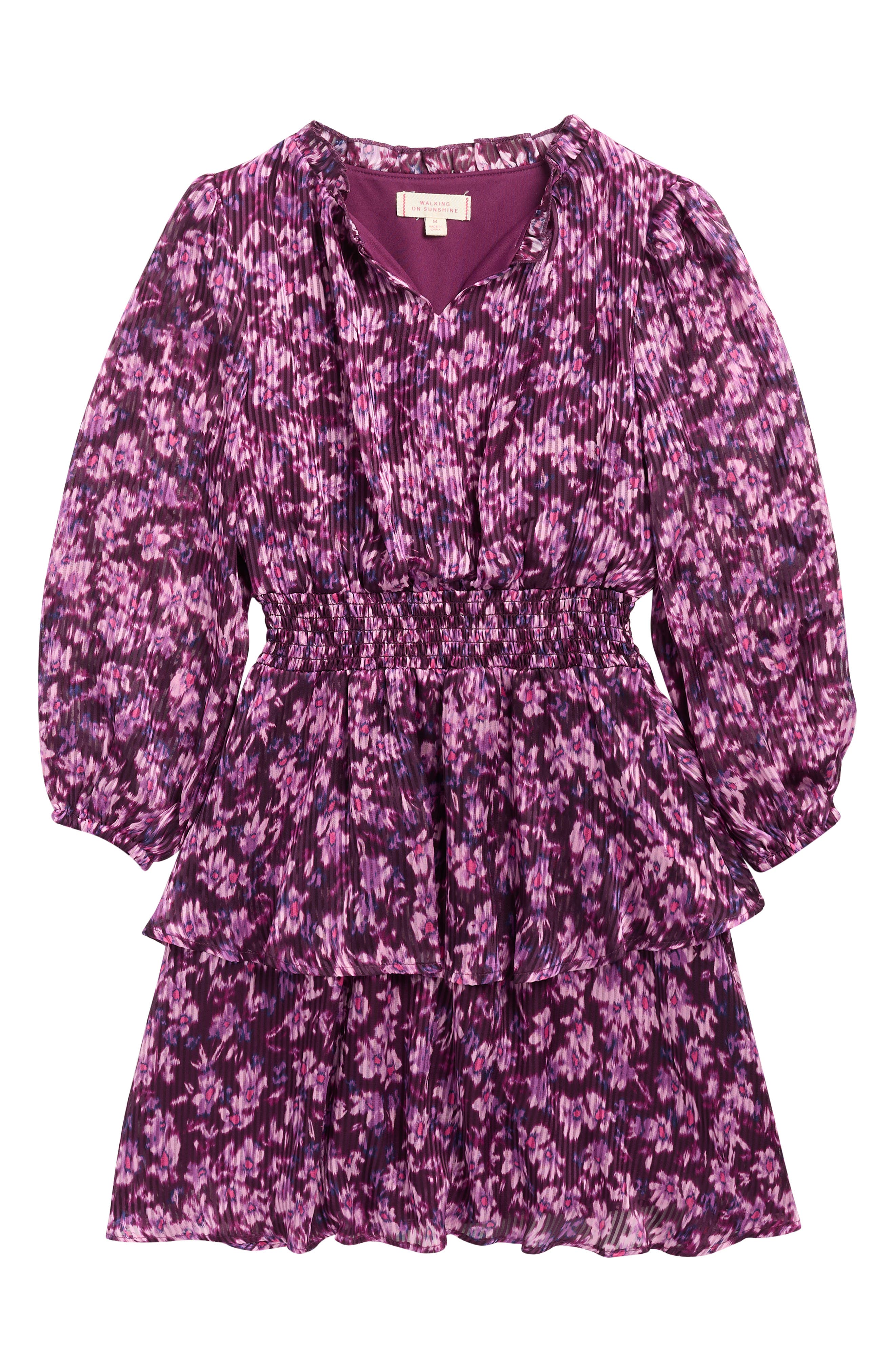 Walking on Sunshine Kids' Floral Long Sleeve Plissé Tiered Dress