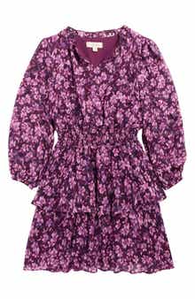 Walking on Sunshine Kids' Floral Long Sleeve Plissé Tiered Dress