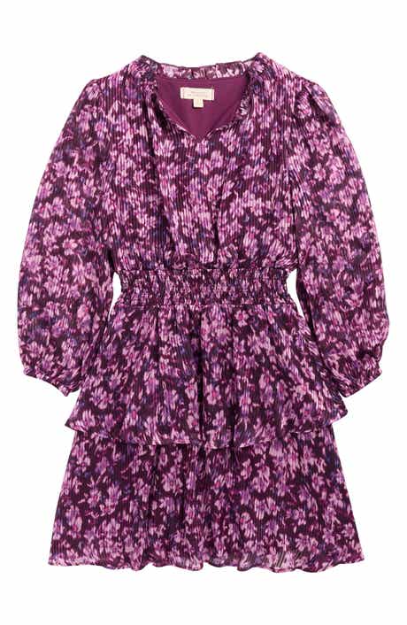 Walking on Sunshine Kids' Floral Long Sleeve Plissé Tiered Dress