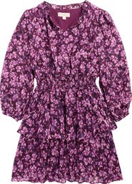 Walking on Sunshine Kids' Floral Long Sleeve Plissé Tiered Dress