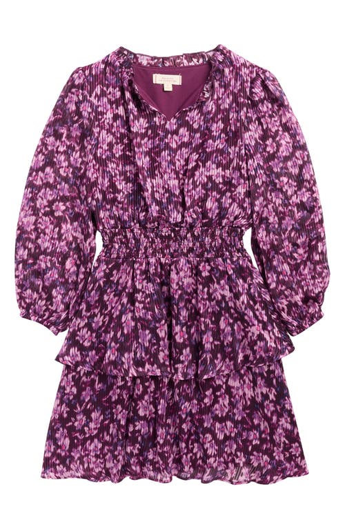 Walking On Sunshine Kids' Floral Long Sleeve Plissé Tiered Dress In Purple