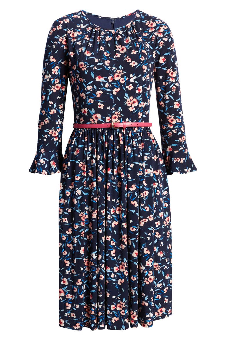 Floral Belted A-Line Dress, Alternate, color, NAVY