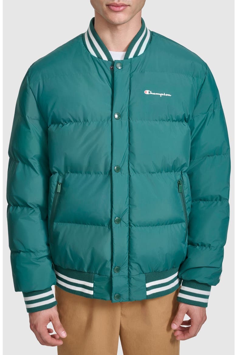 Varsity Quilted Bomber Jacket, Main, color, RAIN FOREST