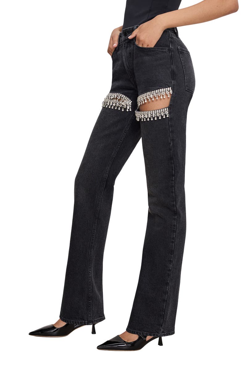 Good American Good Icon Crystal Embellished Cutout Straight Leg Jeans, Alternate, color, Black376