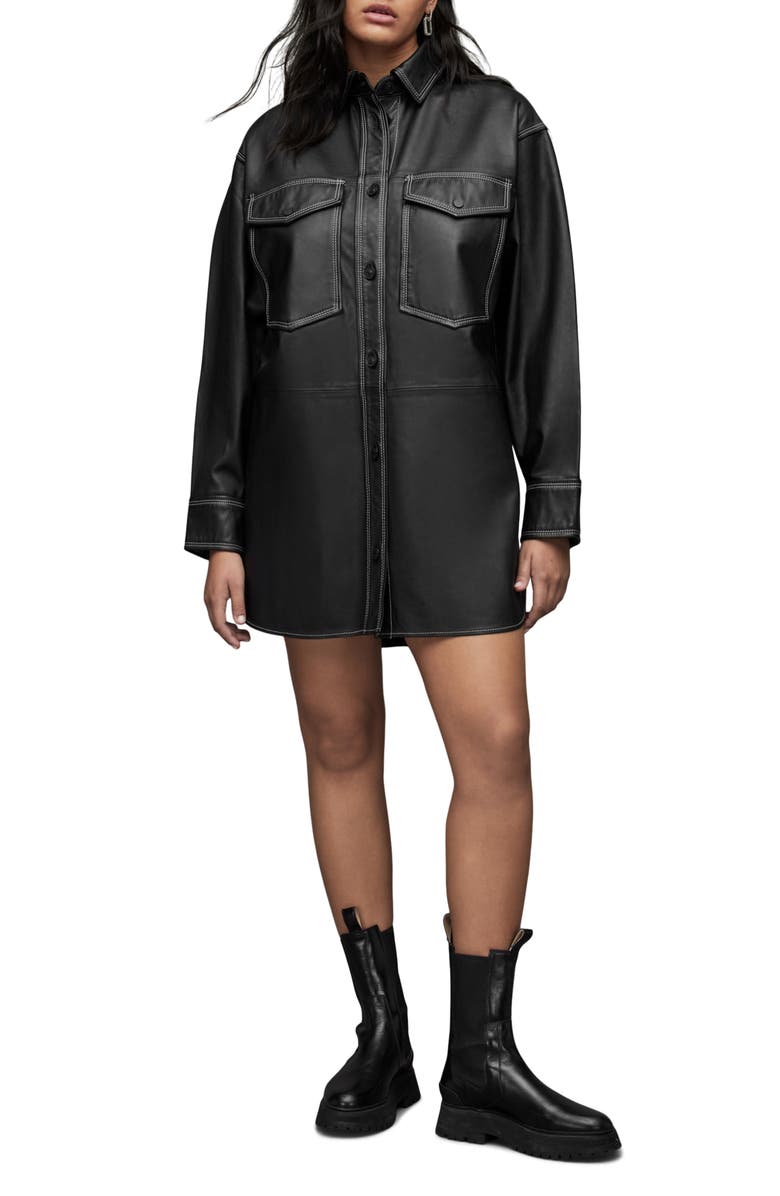 AllSaints Lily Long Sleeve Leather Mini Shirtdress, Main, color, 