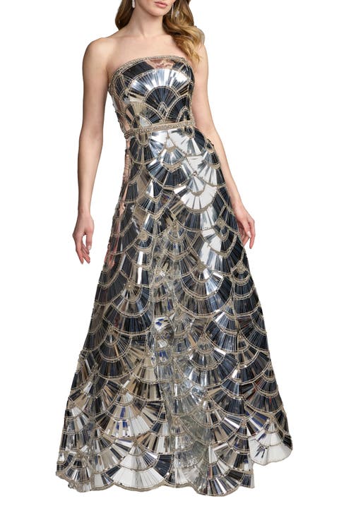 Strapless Beaded Scallop Mirrored Ballgown