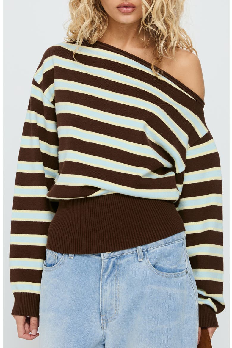 Zinia One-Shoulder Sweater, Main, color, BROWN / BLUE STRIPE
