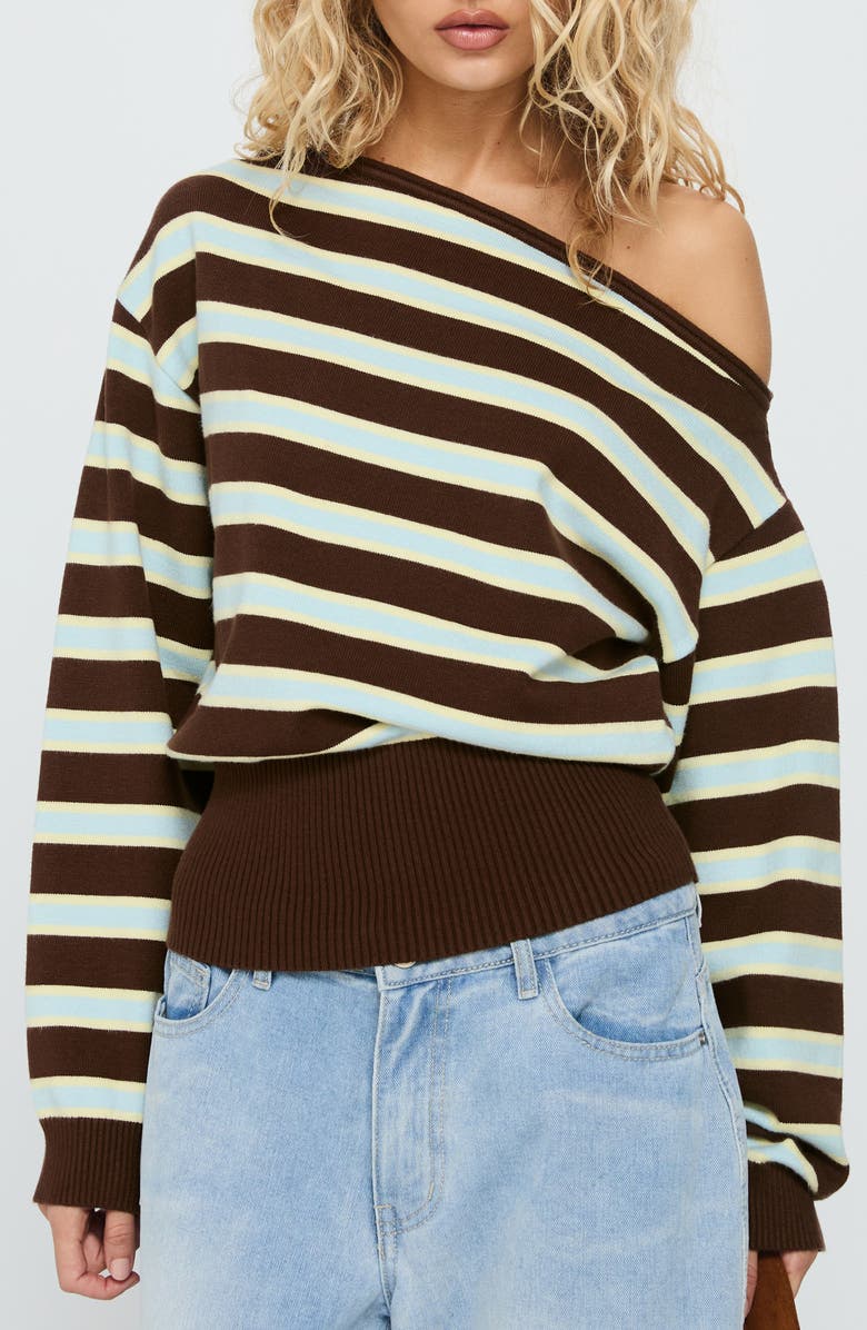Princess Polly Zinia One-Shoulder Sweater, Main, color, Brown / Blue Stripe