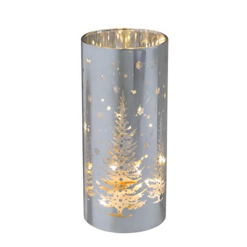 LED Lighted Winter Pine Trees Glass Hurricane Christmas Candle Decoration - 8"
