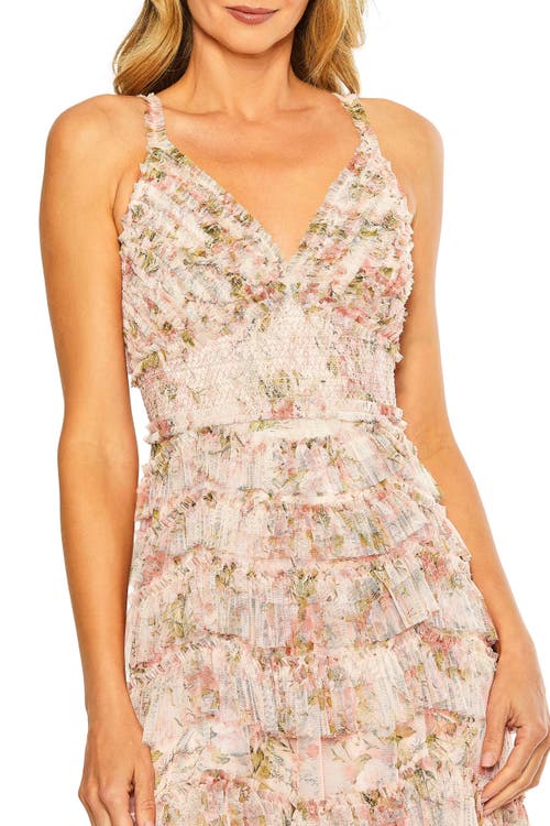 Mac Duggal Sleeveless V Neck Floral Mesh Ruffle Midi Dress In Blush Multi