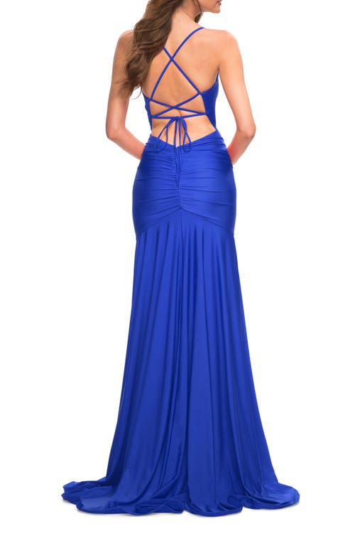 La Femme Long Jersey Ruched Gown With Dramatic Skirt In Royal Blue