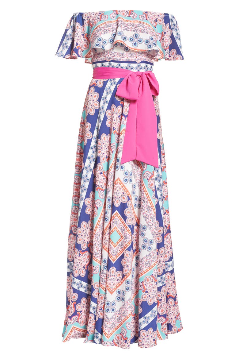 Off the Shoulder Maxi Dress, Alternate, color, ORANGE/ NAVY