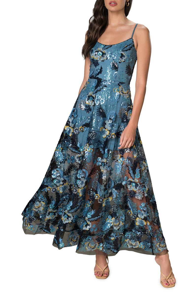 Dress the Population Umalina Sequin Floral Fit & Flare Gown, Main, color, 