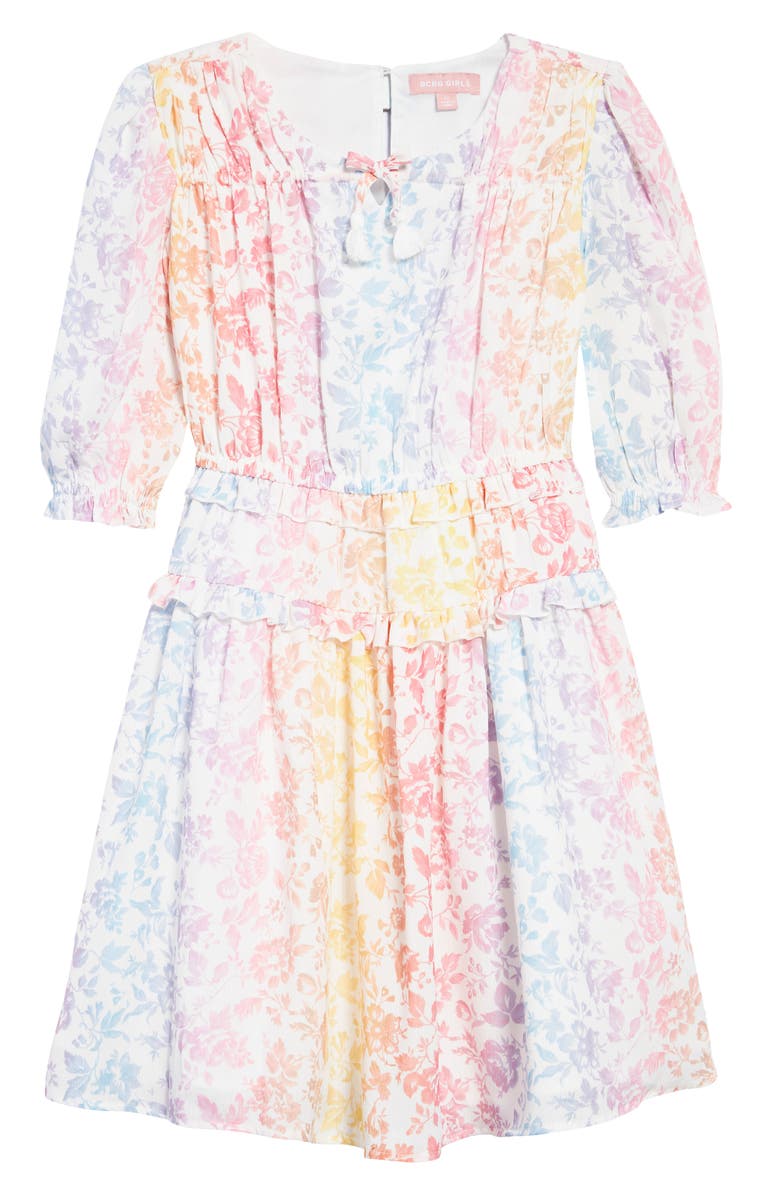 BCBG Kids' Floral Print Ruffle Peasant Dress, Main, color, 