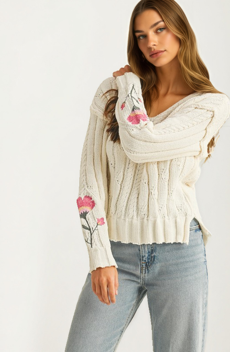 Knit and Lounge Floral Embroidered Cable Knit Sweater, Alternate, color, Ivory