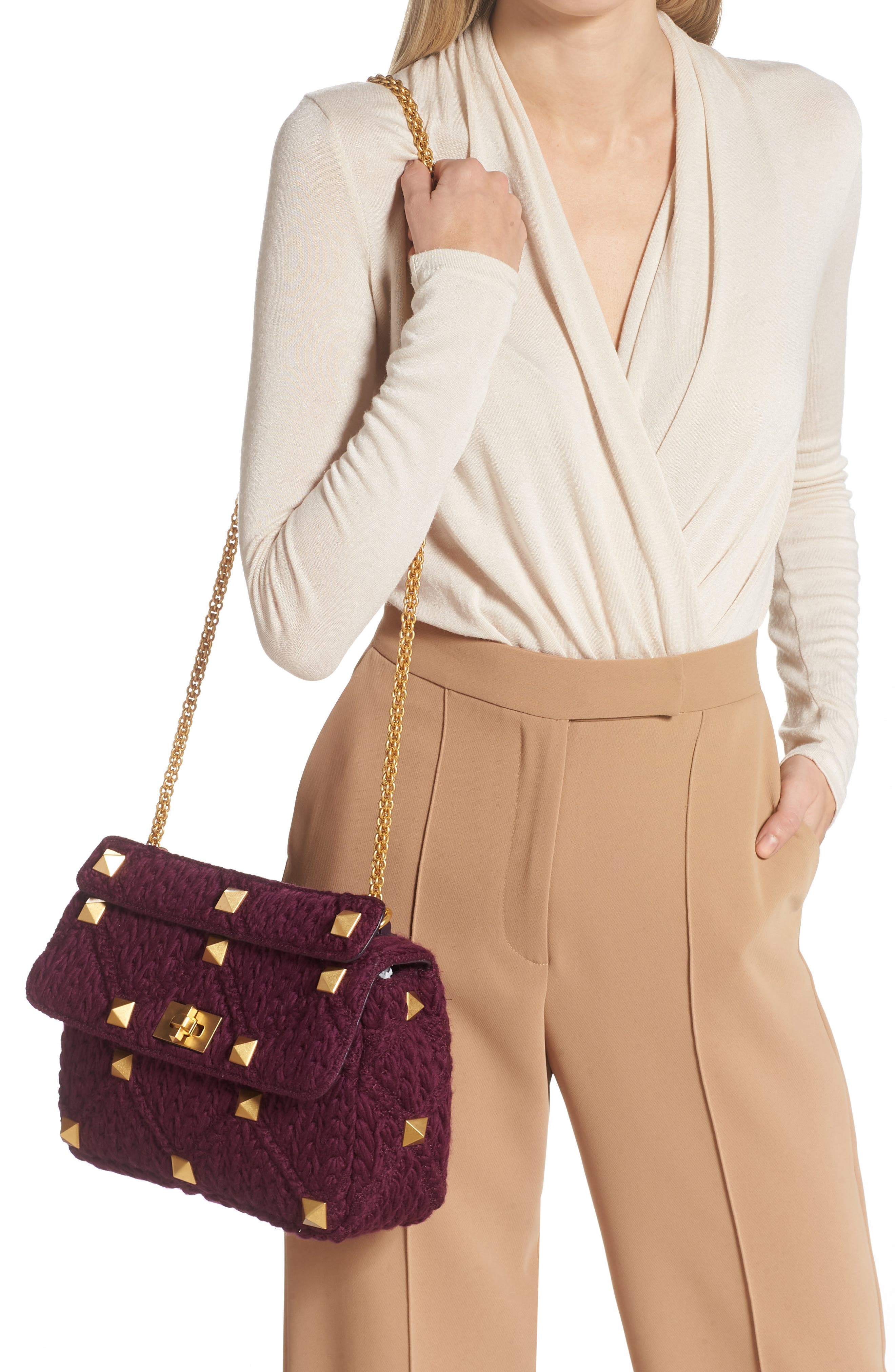 Valentino Garavani Large Roman Stud Knit Top Handle Bag, Alternate, color, 