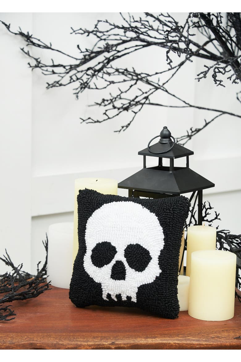 Skull Skeleton Hooked Petite Halloween Accent Pillow 8", Alternate, color, Black