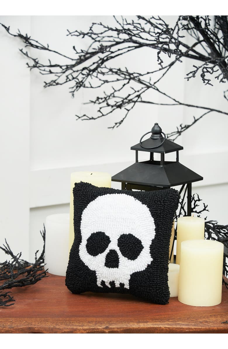 C&F Home Skull Skeleton Hooked Small 8" Accent Pillow Halloween Décor, Alternate, color, Black