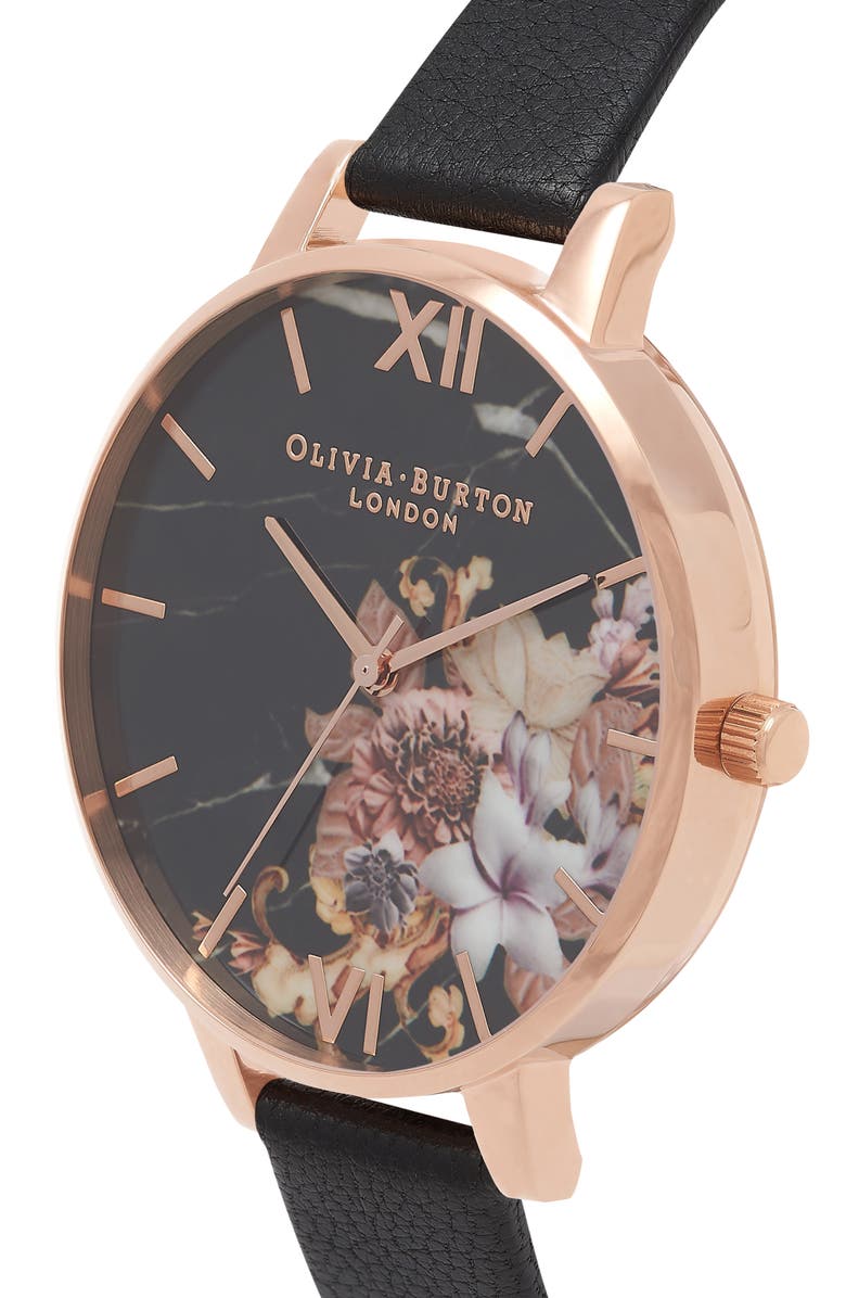 Olivia Burton Marble Floral Leather Strap Watch, 38mm, Alternate, color,