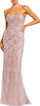 Mac Duggal Beaded Strapless Bustier Gown With Satin Rose Cape