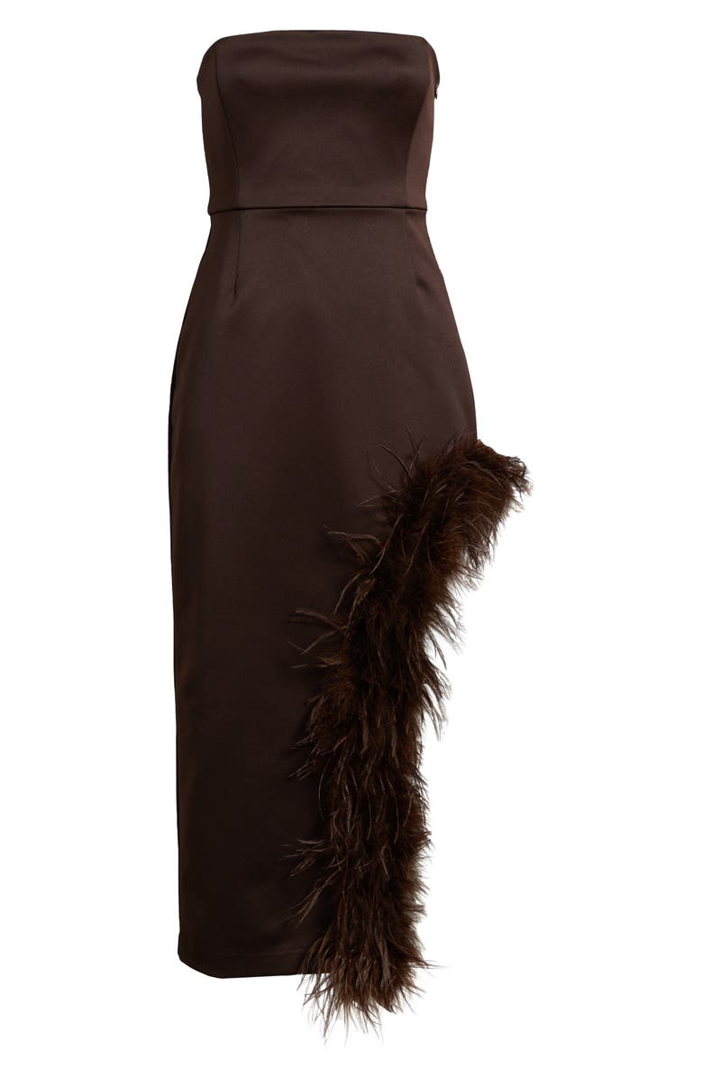 Delfi Collective Jocelyn Feather Detail Strapless Satin Cocktail Sheath Dress, Alternate, color, Chocolate
