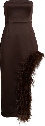 Jocelyn Feather Detail Strapless Satin Cocktail Sheath Dress