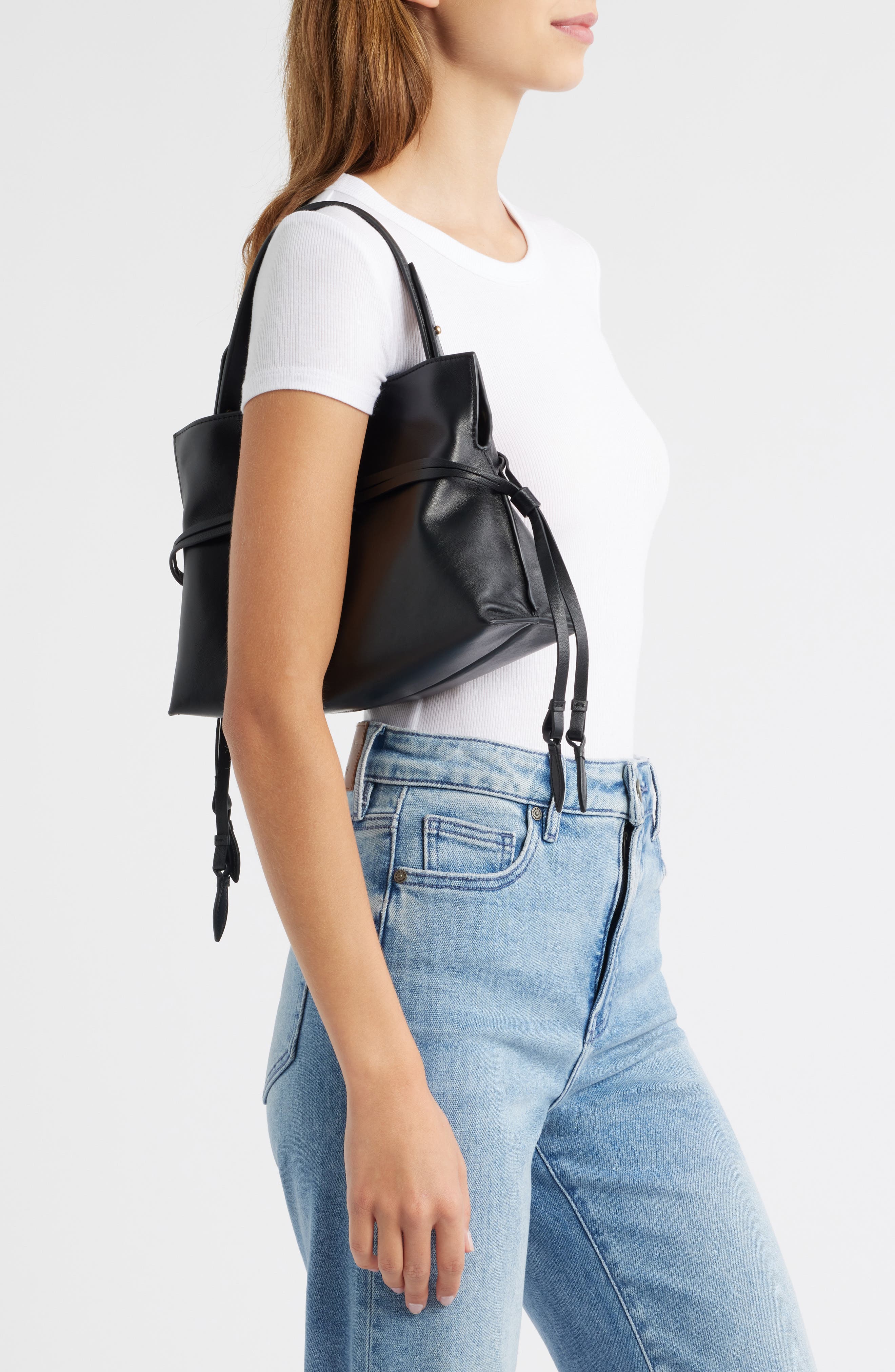 Sam Edelman Small Poppy Drawstring Leather Crossbody Bag, Alternate, color, Black