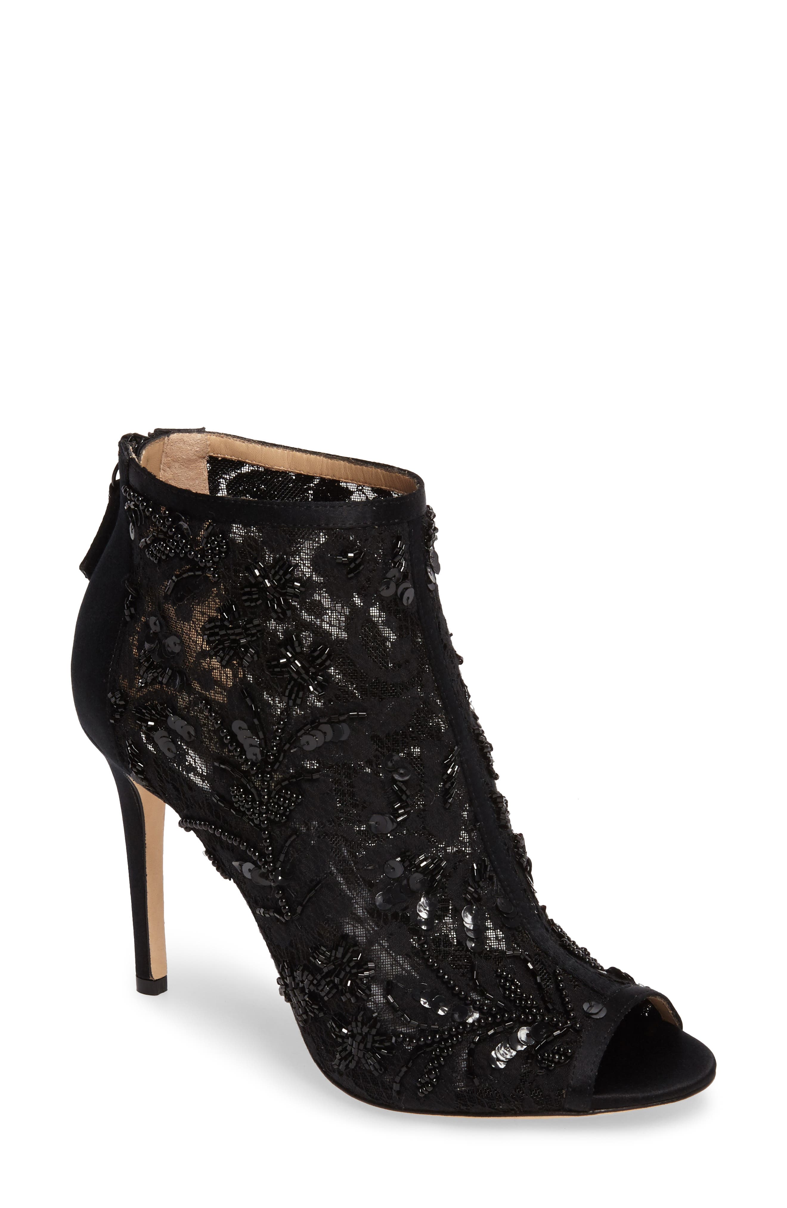 Badgley Mischka Moyra Embellished Lace Bootie, Main, color, BLACK SATIN