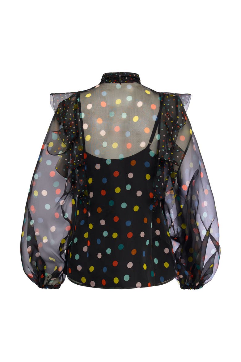 Printed Silk Organza Blouse With Flounces Polka dot print, Alternate, color, Black Multicolour