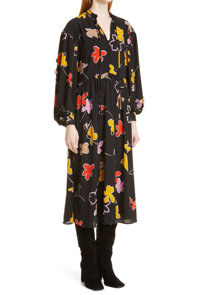 Yviee Chuck Ruffle Long Sleeve Floral Midi Dress, Alternate, color, BLACK