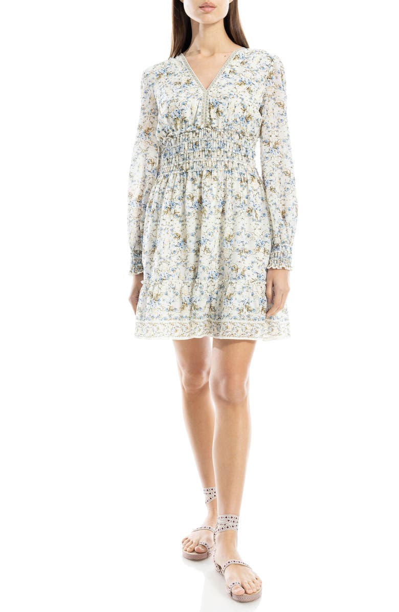 MAX STUDIO V-Neck Long Sleeve Minidress, Alternate, color, Cream/ Blue