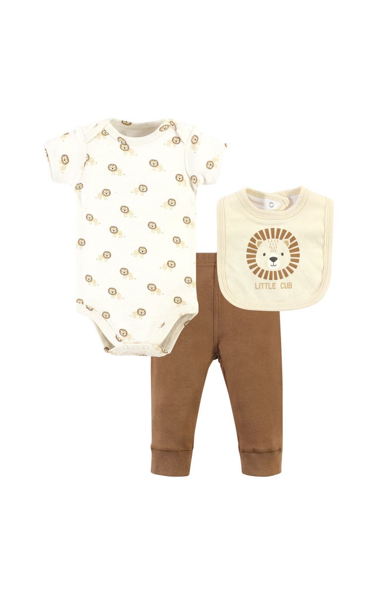 Hudson Baby Cotton Bodysuit, Pant and Bib Set, Main, color, Brave Lion