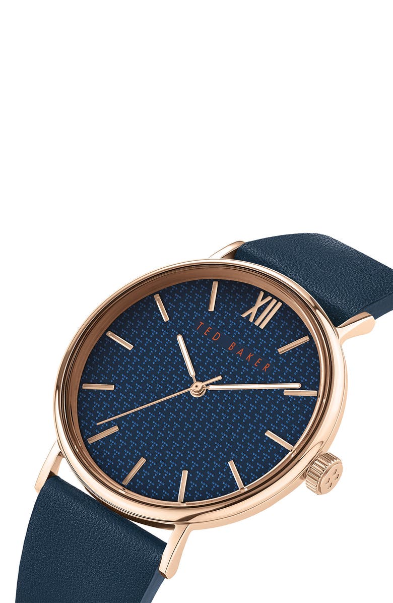 Ted Baker Men's Phlipa Gents Leather Strap Watch, 43mm, Alternate, color, Rose Gold/ Blue/ Blue