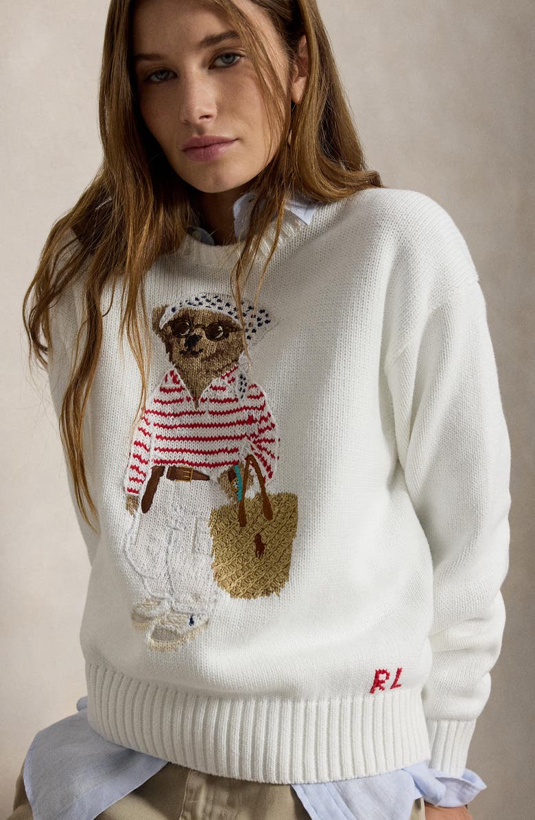 Polo Ralph Lauren Polo Bear Crewneck Cotton Sweater, Alternate, color, White Multi