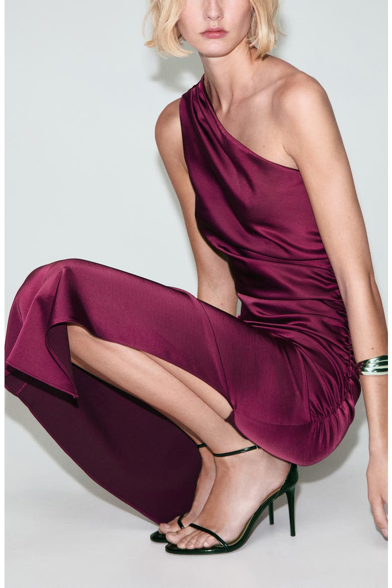 Ruched One-Shoulder Satin Maxi Dress, Alternate, color, FUCHSIA