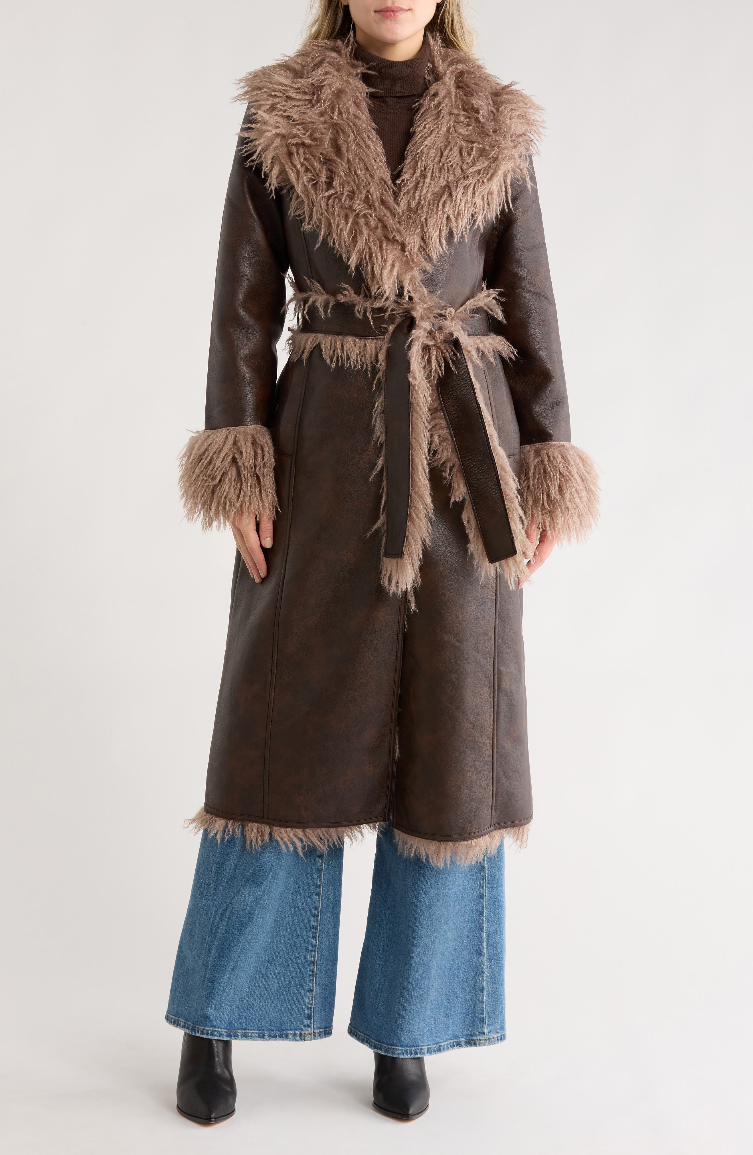 Avec Les Filles Faux Shearling Trim Faux Leather Coat