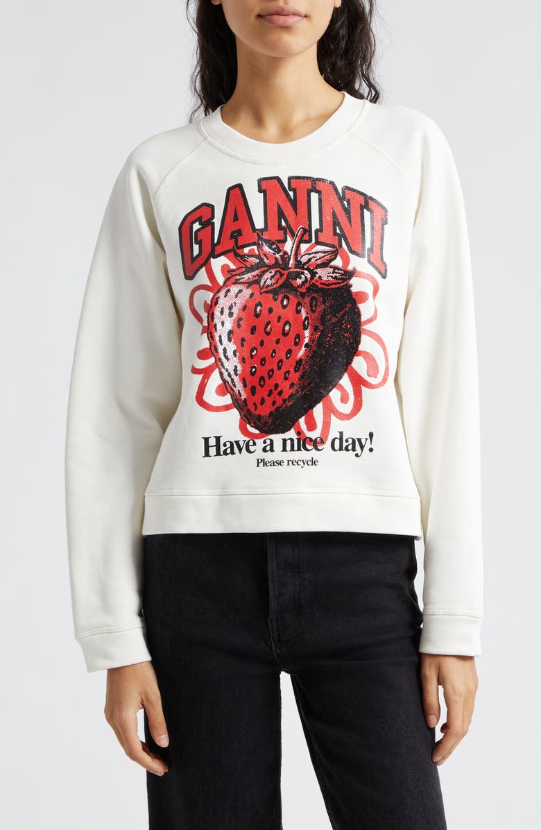 Ganni Isoli Strawberry Raglan Sleeve Organic Cotton Sweatshirt, Main, color, 